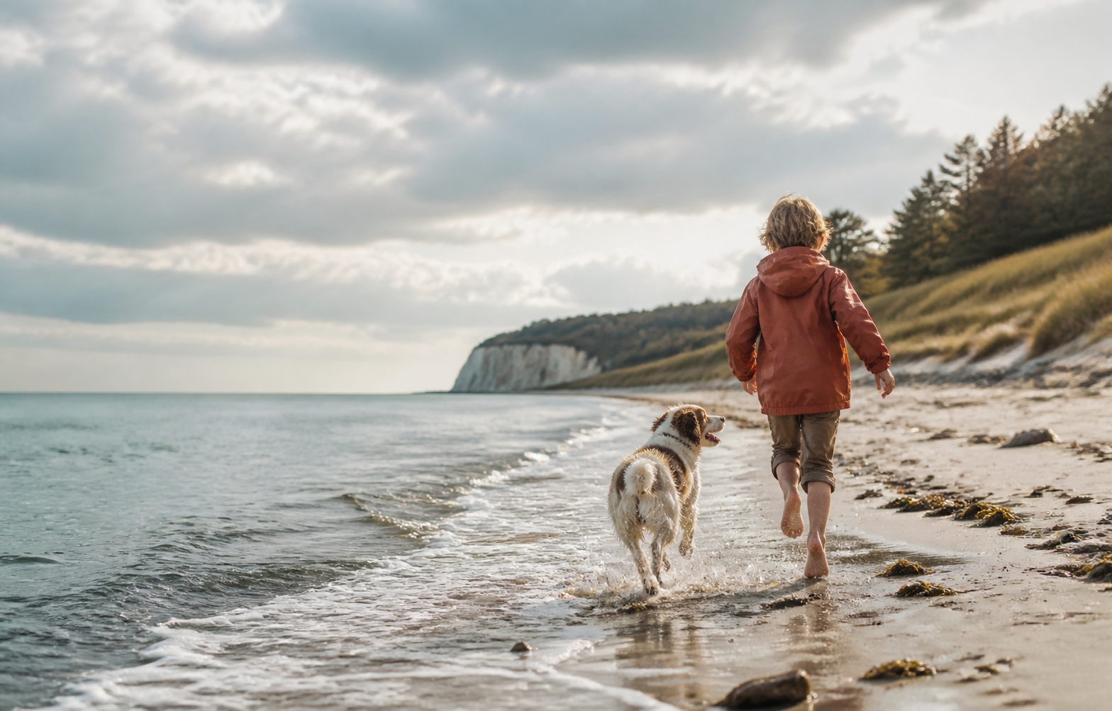Kind und Hund laufen gemeinsam am Ostseestrand